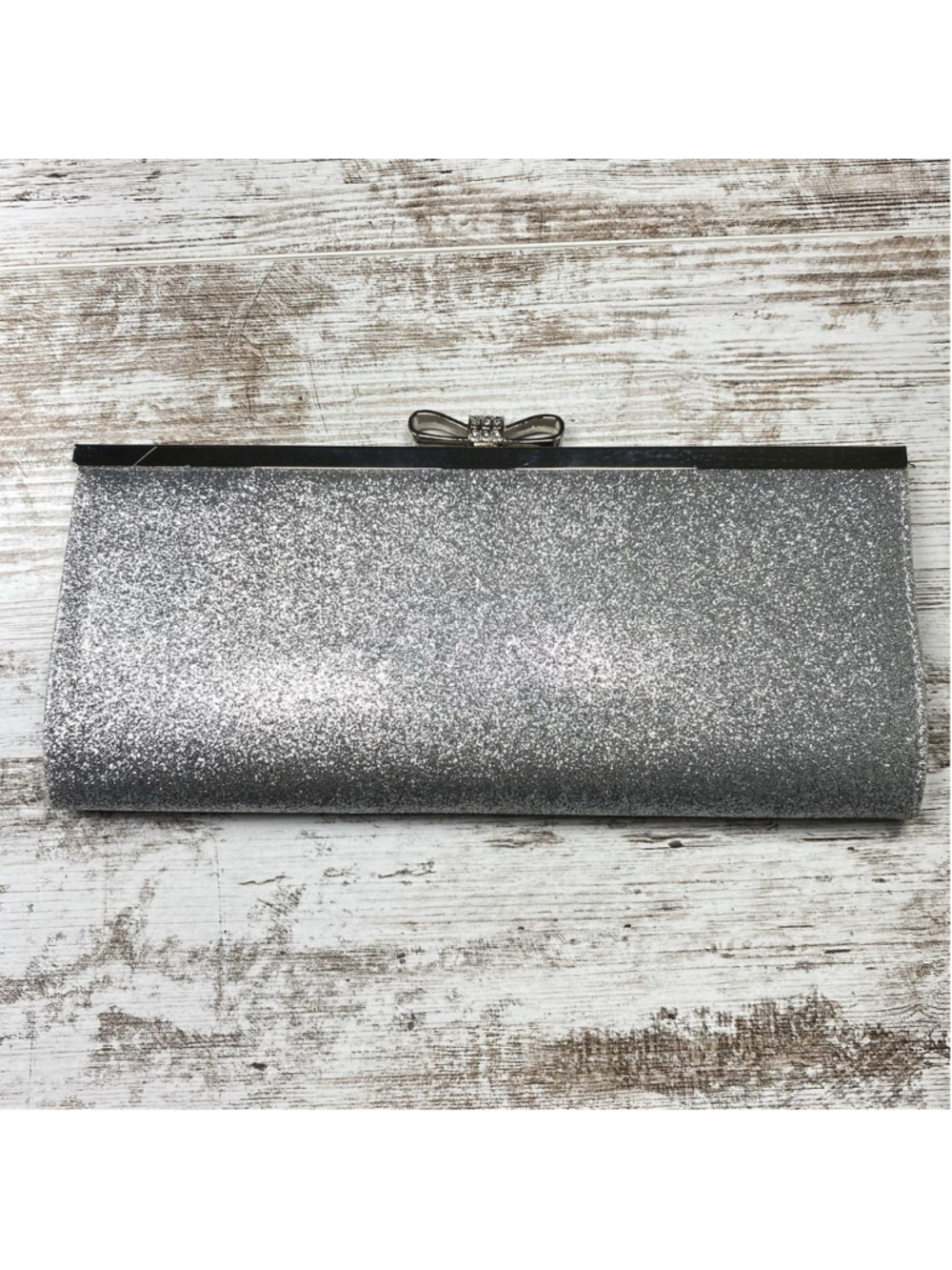 INC International Concepts Silver Glitter Clutch Rhinestone Bow Evening Bag 10.5
